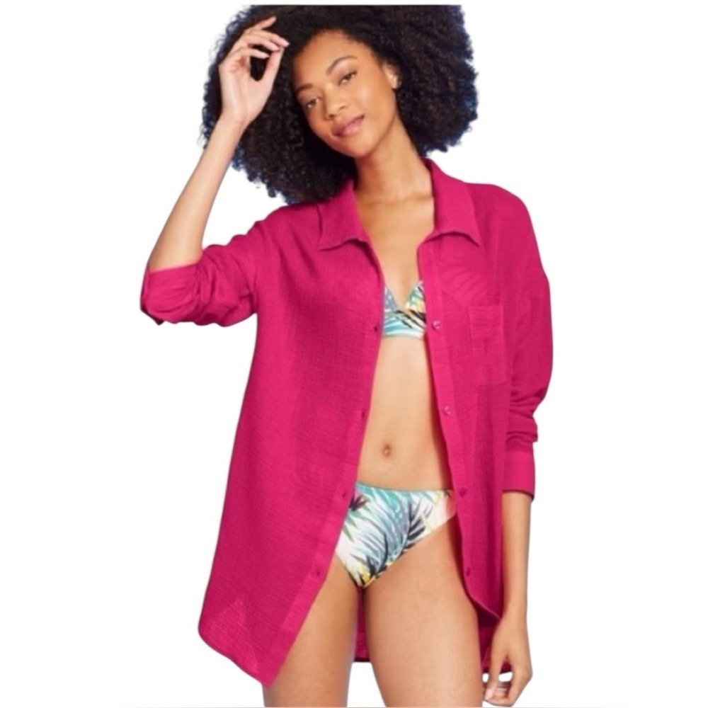 Shade & Shore Womens Hot Pink Cotton Gauze Button Down Shirt Coverup Medium
